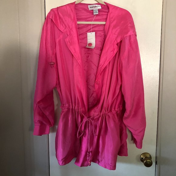 Marguerite Li Pink 100% Silk Hooded Drawstring Anorak Jacket Size L - Picture 1 of 5